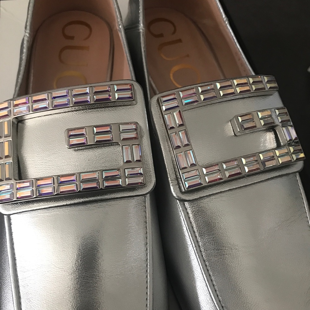 NIB Gucci Metallic Crystal Square G Loafers 38 - Picture 6 of 16